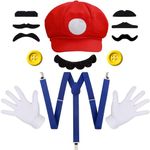 iZoeL Mario Costume Kits - Mario Hat Mario Cap Mardi Gras Cosplay Costume Accessories for Mario Luigi Bros Fancy Dress Carnival Outfit Costume Women Men Kids White Gloves Mustache