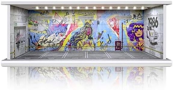 1/64 Scale Cars Display Case: Toy Car Parking Garage with LED Light Compatible with Hot Wheels, FoamBoard Storage Display for Matchbox with Acrylic Cover (Graffiti Wall 1986)