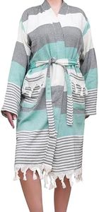 ATANI Robes for Women, 100% Cotton Turkish Unisex Waffle Knit Bathrobe for Women Soft Lightweight Knee Length Loungwear, Green-black, X-Large