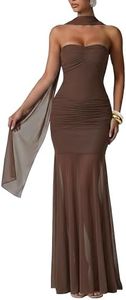 Curvphilo Women's Strapless Ruched Bodycon Mermaid Maxi Dress with Neck Scarf Formal Evening Prom Wedding Guest Gown Brown