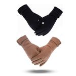 REFFER Combo gloves cute pattern knitted (warm velvet inside) Suede stretchy windproof touchscreen finger winter gloves for women girl's (Combo (Black & Beige))