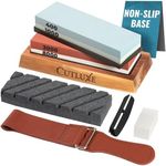 Cutluxe Whetstone Knife Sharpener – Sharpening Stone Kit, Professional 4 Side Grit 400/1000/3000/8000, Non Slip Acacia Wood Base, Angle Guide, Black Flattening Stone, Leather Strop