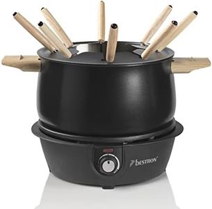 Bestron Electric Fondue Set for up to 8 People with 8x Fondue Forks and Continuous Thermostat, Includes Splash Guard, Colour: Black/Wood