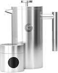 Coffee Gator French Press Coffee Maker- Insulated, Stainless Steel Manual Coffee Tea Makers For Home, Camping w/Travel Canister- Presses 4 Cup Serving- Large, Silver