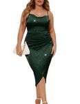 ZOMVA 2024 Plus Size Sparkle Sequin Dress Glitter Ruched Spaghetti Strap Midi Dress Party Club Homecoming, Soft Sparkly Fabric, Green, XX-Large Plus