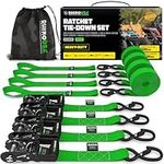 Rhino USA Ratchet Tie Down Straps (Set of 4) - 2000kg Max Break Strength, 4cm x 2.4m Heavy Duty Tie Downs with Hooks (4pcs) - Strap for Furniture Moving & Securing Cargo - Green