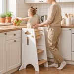 COSYLAND Toddler Standing Tower Adjustable Height Kitchen Step Stool - Kids Learning Stool,3 Levels Adjustable Kitchen Nursery Helper Stand, Strong and Sturdy,Natural & White