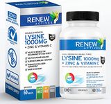 Renew Actives Fast-Acting L-Lysine 1000mg with Zinc & Vitamin C – Maximum Strength Cold Sore Relief & Herpes Simplex Virus (HSV) – Promotes Healthy Collagen Production for Hair, Skin & Nails – Easy to Swallow, Vegan, Made in Canada.