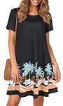 elescat Sundress for Women Loose Fit Causal Swing T-Shirt Dress Summer Beach with Pockets (Black Hawaiian Trees,XL)