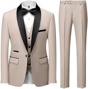Mens 3 Piece Suit Slim Fit Dress Tux Suits for Men Solid Color Wedding Classic Tuxedo Set, Beige, Small