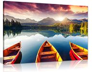 Mountain Landscape Lake Sunset Three Boats Trees Canvas Wall Art Picture Print (24x16)