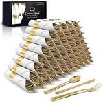 50 Pre Rolled Gold Plastic Silverware - 200pc Set, Service for 50 - Wrapped Disposable Silverware Set with Forks, Knives, Spoons, White Napkins - Fancy Decorative Flatware for Dinner, Party, Wedding