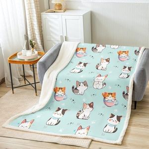 Feelyou Cartoon Cat Sherpa Blanket for Kids Kitten Cat Plush Blanket for Bed Sofa Couch Pet Cats Fleece Throw Blanket Animal Fuzzy Blanket Queen 90"x90"