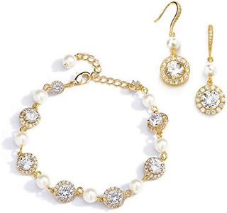 Mariell 14K Gold Plated Pearl Round CZ Bridal Bracelet & Earrings Set - Wedding Jewelry for Bridesmaids, Metal Gemstone Faux Pearl, Cubic Zirconia