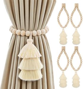 YISARSH Handcrafted Magnetic Curtain Tiebacks, Boho Rope Drapery Holders with Tassels and Wood Beads, Tool-Free, Damage-Free, Stylish Curtain Accessories for Home,Set of 4,Beige