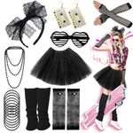 Ronilp 80s Fancy Dress for women,1980s Fancy Party Black Costume Accessories Set, Tutu Skirt Leg Warmers Necklace Bracelets Fishnet Gloves 80s Lace Bow Headband Tape Earrings Sunglasses