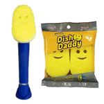 Scrub Daddy Dish Daddy Dish Wand & Refill Heads, Soap Dispensing Dish Brush, Texture Changing Washing Up Sponge With Liquid Handle, Dish Sponge with Built-in Scraper & Scrubbing Head, Drip stand, Blue