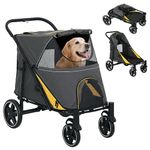 PawHut Pet Stroller with Universal Front Wheels, Shock Absorber, One-Click Foldable Dog Cat Carriage with Brakes, Storage Bags, Safety Leash for Large & Medium Dogs, Dark Gray