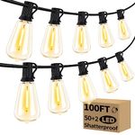 100FT Outdoor String Lights with 50+2 LED Edison Bulbs Dimmable, Waterproof Exterior Patio Lights, Connectable Shatterproof ST38 Hanging Lights for Backyard Garden Balcony Party, 2700K Warm White