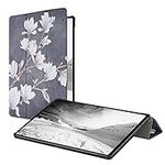 kwmobile Case Compatible with Samsung Galaxy Tab S7 Plus/Tab S7 FE - PU Leather Smart Cover Tablet Case with Stand - Magnolias Taupe/White/Dark Grey