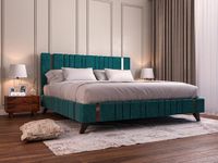 Acacia Modern Upholstered King Size Bed for Bedroom | Wooden Double Bed | Platform Cot Bed with Upholstery Premium Fabric | 6.5 x 6 Ft | Sheesham Solid Wood (Brown, Green, Copper Line)