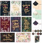 Decorably Special Season Cards with Envelopes & Stickers - 24 Pack Gold Foiled Happy New Year Cards with Envelopes & Stickers, Printed Message Inside 6x4in Happy New Year Card