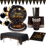 Black and Gold Party Supplies - Birthday Party Cutlery Black and Gold Birthday Plate Set Includes Plates Cups Straws Napkins Tablecloths & More - For Anniversary,Birthday Party Decorations (16 Guests)