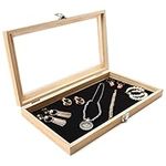 BELLE VOUS Natural Wood Jewellery Display Tray Case Box with Clear Acrylic Lid - W38 x D21.5cm/14.96 x 8.46 Inches - Showcase Organiser Holder for Earrings, Rings, Necklaces, Medals & More