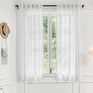 DUALIFE White Linen Sheer Curtains 63 Inch Length for Windows 2 Panels Back Tab Loops Pocket Light Diffusing Semi Sheer Linen Curtains for Bedroom Living Room Closet Doors Doorway 34 by 63 Inch