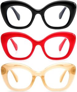 REAVEE 3 Pack Oversized Cat Eye Reading Glasses for Women Men Stylish Blue Light Blocking Lenses, Black+Red+Yellow, 1.0