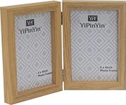 Hinged Double Photo Frame 6x4'',Natural Wood Effect 4x6'' Double Picture Frame,Twins frame 6X4 with Glass, Primary Wood Grain Color Holds 2 Standard Photoes Foldable,Family Photo Frame 6x4''