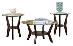 Signature Design by Ashley Fantell 3-Piece Table Set, Includes 1 Coffee Table and 2 End Tables with Glass Top and Fixed Shelf, Dark Brown