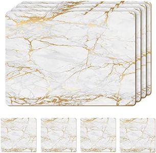 Moderry Set of 4 Heat Resistant Cork Placemats for Dining Table with Free Set of 4 Matching Drink Coasters Marble Design 16 x 12 Inches Cork Backed Hard Placemats (Foiled Gold)