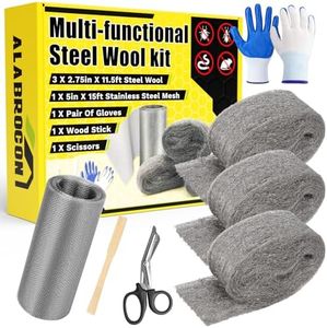 Alabrocon Steel Wool Mice Control Kit, 3 PCS 11.5 Ft Steel Wool for Mice, Barrier, Hole Filler for Sealing, Pipeline, Vents, Garage, House (15 Ft Wire Mesh, Wooden Stick, Gloves, Scissors Included)
