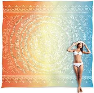Sunlit 10'x9' Extra Large Boho Sand Proof Beach Blanket, Sand Proof Mat with Corner Pockets and Mesh Bag for Beach Party, Travel, Camping and Outdoor Music Festival, Light Orange and Sky Blue Mandala