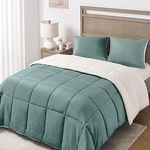 Basic Beyond Twin Comforter Set - Micromink Fleece Sherpa Comforter for Twin Bed, Soft and Warm Twin Bedding Comforter Set for Girls and Boys in Winter, Green, 64"x88"