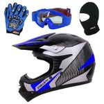 Zorax ZOR-X19 Blue L (53-54cm) PREDATOR Kids Motorbike Motocross MX Helmet ECE 2206 & Gloves L (7cm) & Goggles & Balaclava