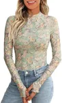 Dealmore Floral Mesh Mockneck Tops Trendy Going Out Tops fot Women with Thumb Hole Fashion Fall Outfits 2024 Floral Green M