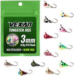 Vexan Ice Fishing Glow & Multi-Color Tungsten Jigs 12 PK Perch, Walleye, Panfish (3mm, 0.8g, #16 Hook)