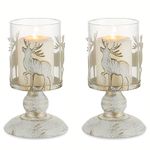 Sziqiqi Distressed Stag Candle Holders Set of 2 - Vintage Deer Pillar Candle Holder Reindeer Tealight Holders for Christmas Table Centrepiece Mantle Fireplace Dining Room Living Room Home Ornament