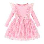 Toddler Baby Girls Dress Ribbed Long Sleeve Ruffle Unicorn/Mermaids Tulle Bowknot Dresses Casual Party Princess Dress for Girls 1-6 Years Pink