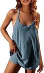 Faleave Women's Summer Sleeveless Mini Dress Athletic Dress Spaghetti Strap Short Tennis Dress with Pockets, Bluegrey, Small