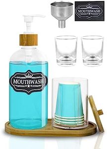 Bathroom Mouthwash Dispenser, Refillable Glass Mouthwash Dispenser with Label, Transparent Mouthwash Dispenser, Paper Cup Holder, Mouthwash Cup, Stainless Steel Funnel Mouthwash Dispenser
