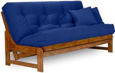 Arden Futon Set - Full Size Futon Frame with Mattress Included (8 Inch Thick Mattress, Twill Royal Blue Color), Heavy Duty Wood, Popular Sofa Bed Choice