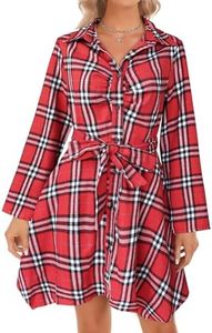 FANCYINN Womens Long Sleeve Checker Plaid Shirt Dress Pleated Front Chest Irregular Hem Buttons Up Casual Autum Flannel Dress Red & White L