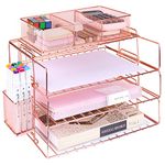 Restorgan Letter Tray, 4 Tier Rose Gold Desk Organisers, Stackable File Organiser with Pen holder, Desktop Filing Tray Organiser, Document Paper File Magazine Sorter Holder for Home & Office Desk Tidy