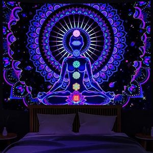 Heopapin Blacklight Tapestry Seven Chakra Tapestry UV Reactive Yoga Meditation Mandala Wall Tapestry Galaxy Space Tapestry for Wall Hanging Tapestry for Bedroom Home Decor W59×H51