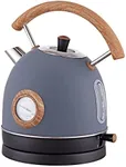 Retro Electric Kettle, 1.7L / 1500W Electric Tea Kettles for Boiling Water, Wood Pattern Handle Blue Stainless Steel Hot Water Boiler with Temperature Display, Auto Shut-off Boil-Dry Protection