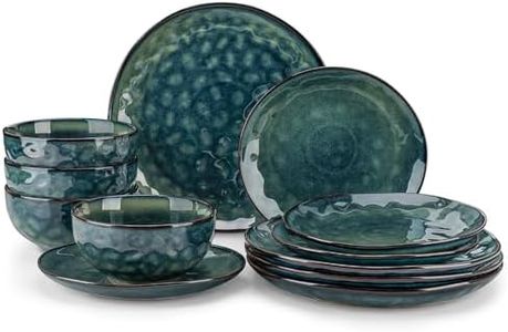 vancasso Starry 12 Pieces Dinnerware Set, Plates and Bowls Set for 4, Stoneware Plates Set, Dishwasher and Microwave Safe, Green