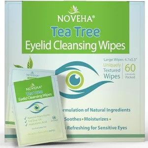 NOVEHA 60PCs Tea Tree Oil Eyelid & Lash Wipes | With Hyaluronic Acid, Green Tea & Chamomile For Blepharitis, Itchy & Stye Eyes, Individually Wrapped, Natural Eyelash Makeup Remover & Daily Cleanser